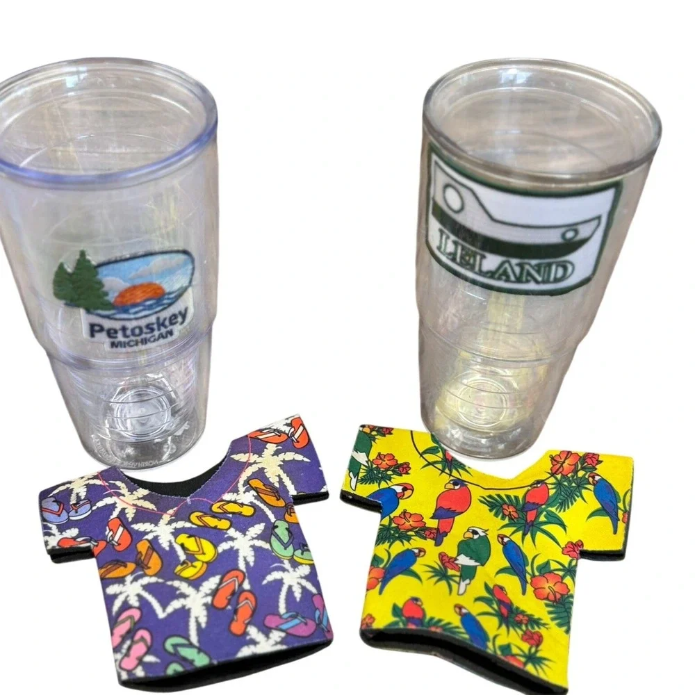 2-Tervis Michigan‎ Tumbler Set 24oz Petoskey Leland w/ 2 Tropical Shirt Koozies